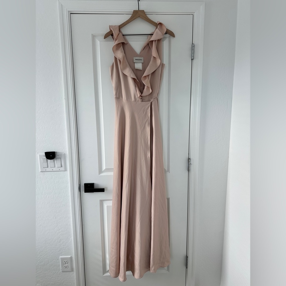 BHLDN Anthropologie Nude Pink Tansy Satin Charmeuse Ruffle Maxi Dress - Picture 2 of 10